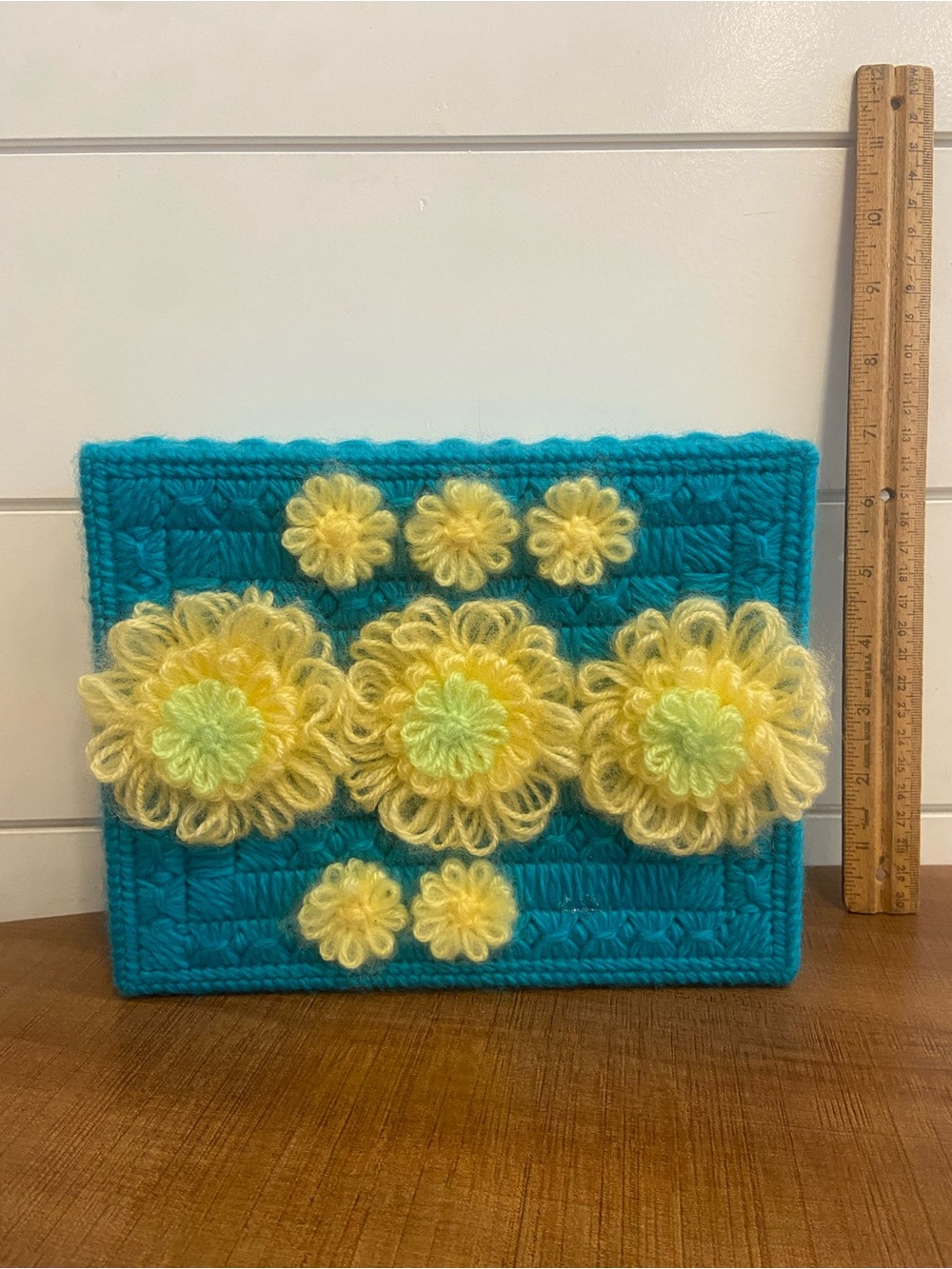 Handcrafted Yarn crocheted box Yellow Floral Accent w/ lid